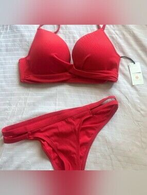 Shade & Shore Bright Red Ribbed Bikini Set with Double-Strap Bottom
